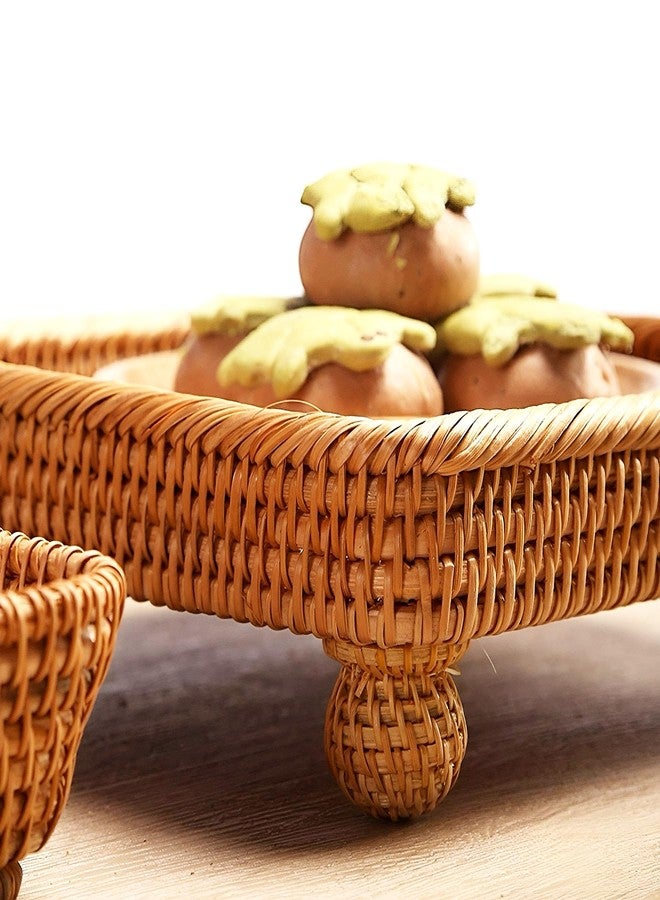 i-lan 9" Square Rattan Decorative Riser for Display,Small Items Serving Basket Vanity Tray - Square Woven Bread, Fruit, Keys Bowl Pedestal Stand,Flat Wicker Decorative Snack Trays for Candy Dish - Image 3
